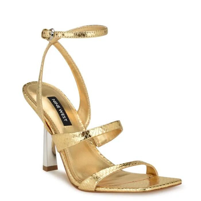 Kiya Ankle Strap Sandals Gold Snake Women Nine West Heeled Kiya Ankle Strap Sandals Gold Snake Women Nine West Heeled