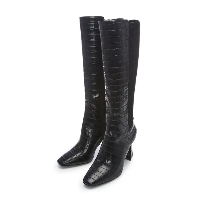 Knee High Boots Women Moda In Pelle Sarisa Black Patent Mocc Croc