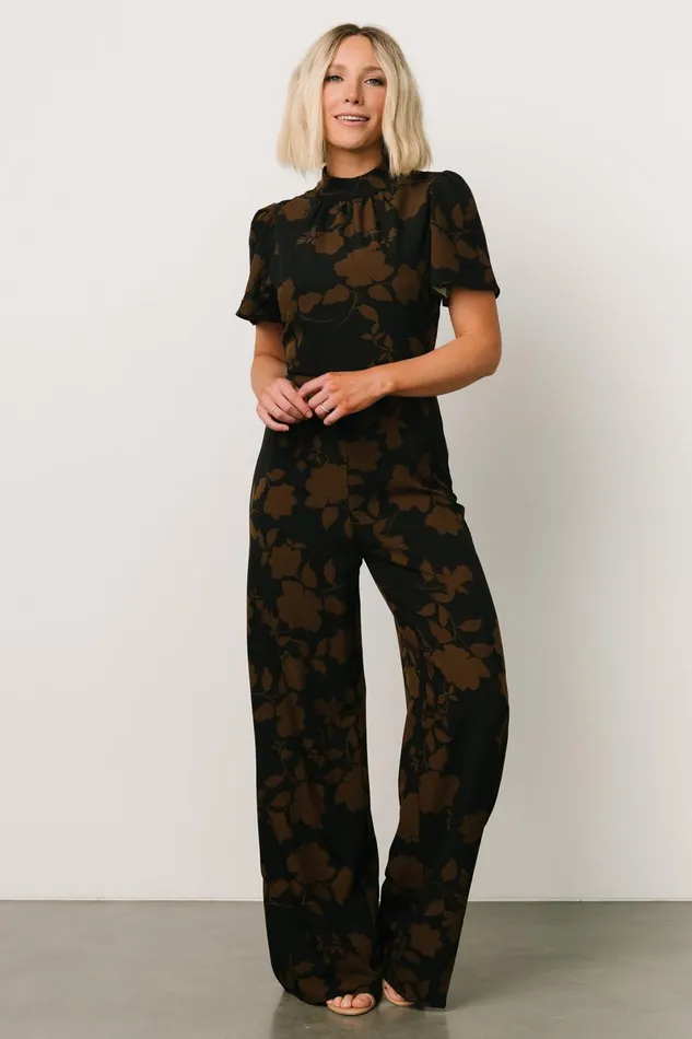 Langham Mock Neck Jumpsuit Espresso Print Women Baltic Born Wedding Guest