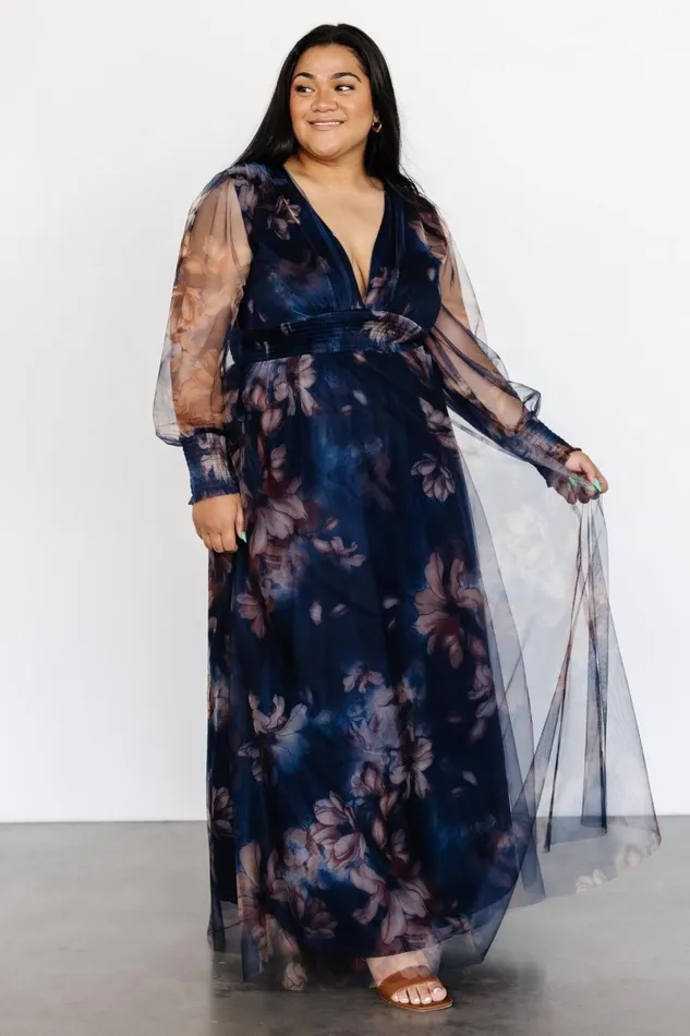 Layla Tulle Maxi Dress Dark Blue Floral Women Baltic Born Wedding Guest