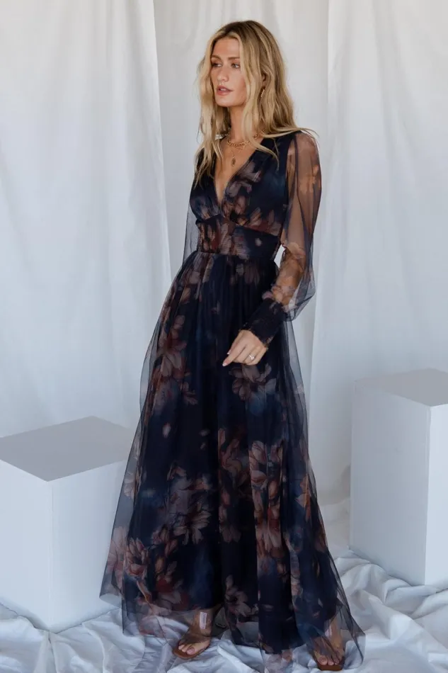 Layla Tulle Maxi Dress Dark Blue Floral Women Baltic Born Wedding Guest