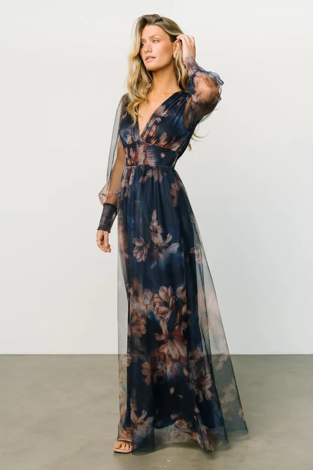 Layla Tulle Maxi Dress Dark Blue Floral Women Baltic Born Wedding Guest