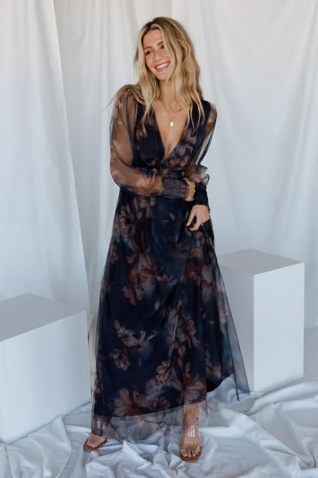Layla Tulle Maxi Dress Dark Blue Floral Women Baltic Born Wedding Guest