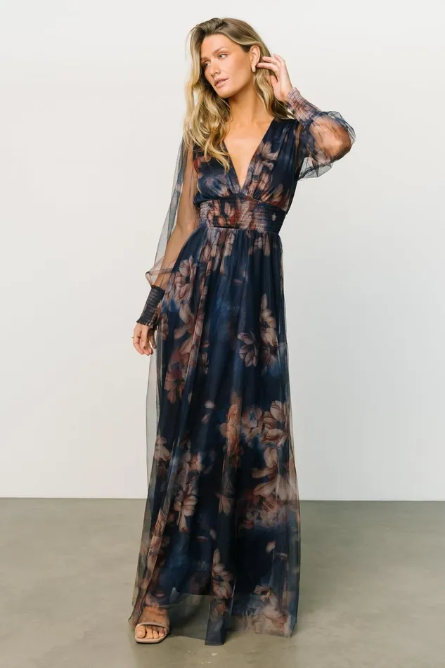 Layla Tulle Maxi Dress Dark Blue Floral Women Baltic Born Wedding Guest