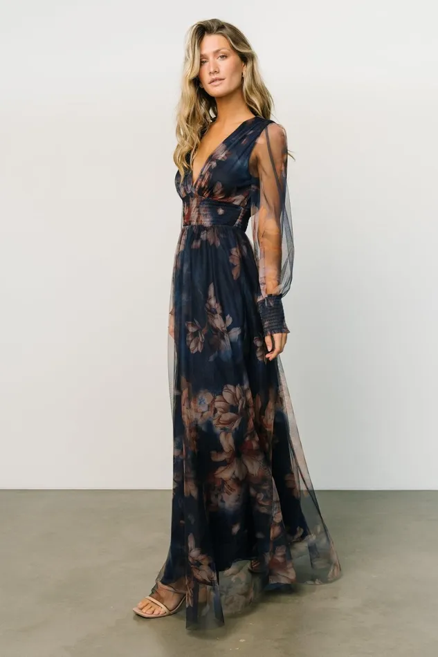 Layla Tulle Maxi Dress Dark Blue Floral Women Baltic Born Wedding Guest