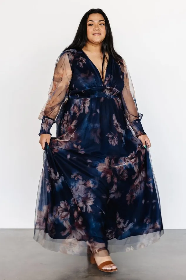 Layla Tulle Maxi Dress Dark Blue Floral Women Baltic Born Wedding Guest