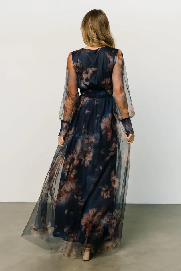 Layla Tulle Maxi Dress Dark Blue Floral Women Baltic Born Wedding Guest