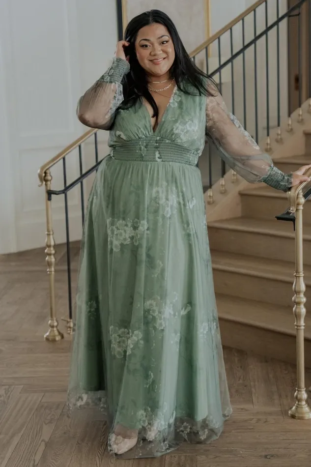 Layla Tulle Maxi Dress Dusty Green Floral Women Baltic Born Wedding Guest