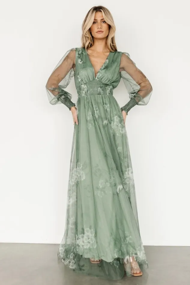 Layla Tulle Maxi Dress Dusty Green Floral Women Baltic Born Wedding Guest