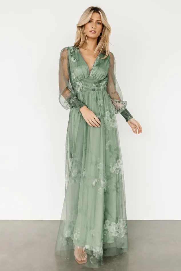 Layla Tulle Maxi Dress Dusty Green Floral Women Baltic Born Wedding Guest