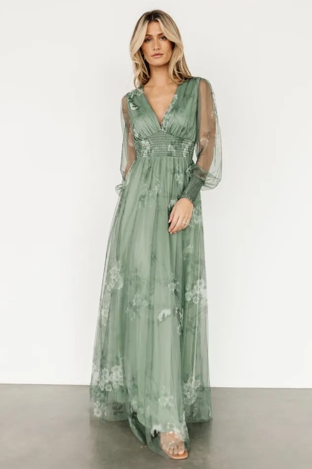 Layla Tulle Maxi Dress Dusty Green Floral Women Baltic Born Wedding Guest