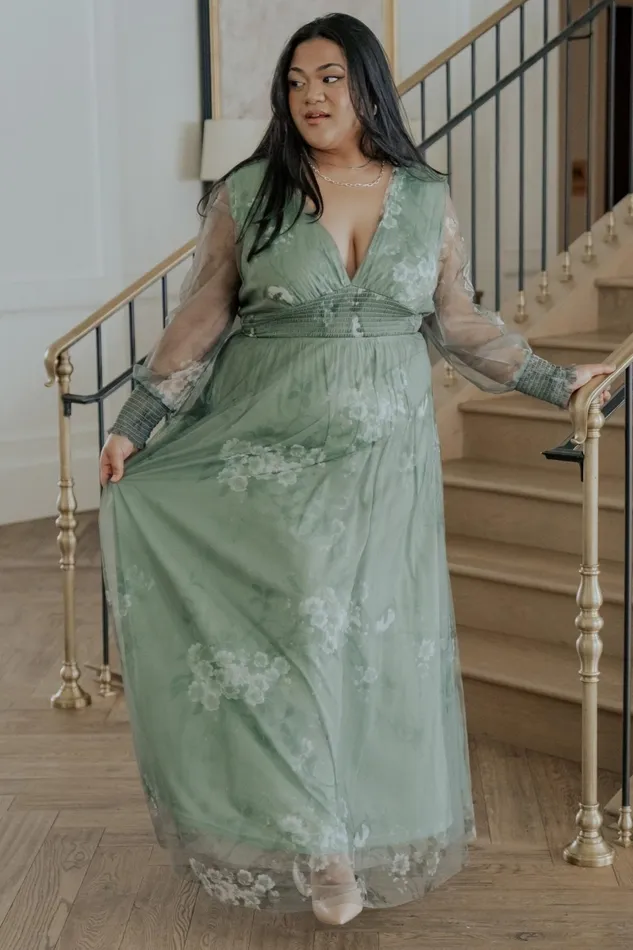 Layla Tulle Maxi Dress Dusty Green Floral Women Baltic Born Wedding Guest