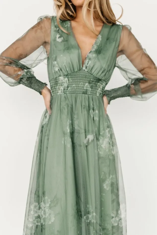 Layla Tulle Maxi Dress Dusty Green Floral Women Baltic Born Wedding Guest