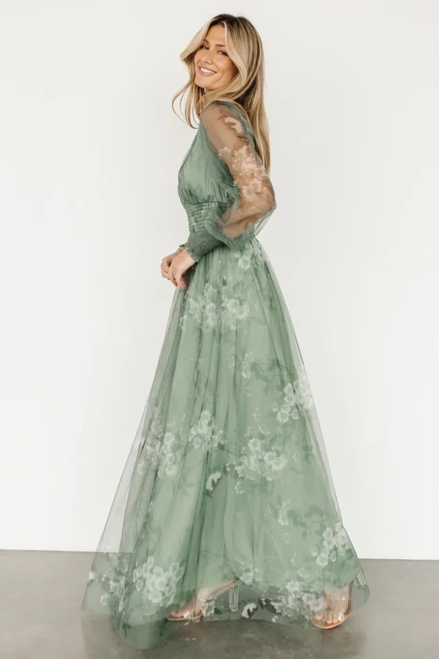 Layla Tulle Maxi Dress Dusty Green Floral Women Baltic Born Wedding Guest