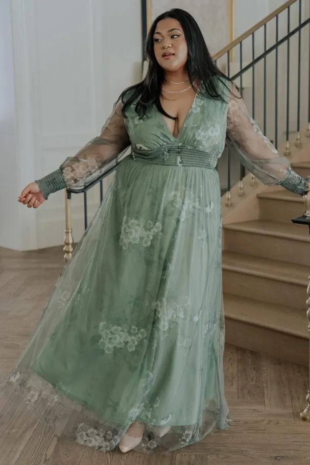 Layla Tulle Maxi Dress Dusty Green Floral Women Baltic Born Wedding Guest
