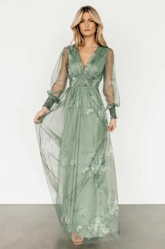 Layla Tulle Maxi Dress Dusty Green Floral Women Baltic Born Wedding Guest
