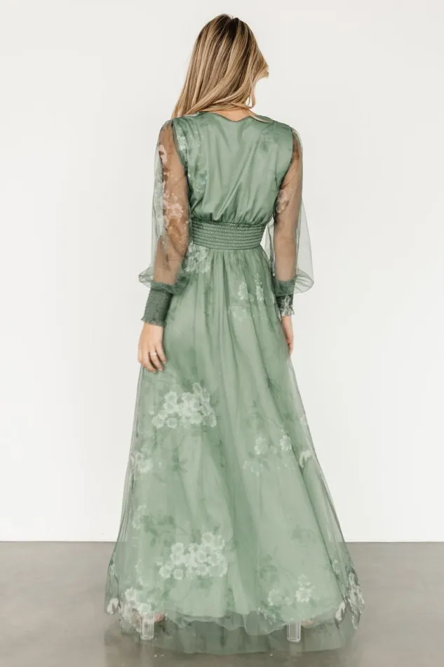 Layla Tulle Maxi Dress Dusty Green Floral Women Baltic Born Wedding Guest