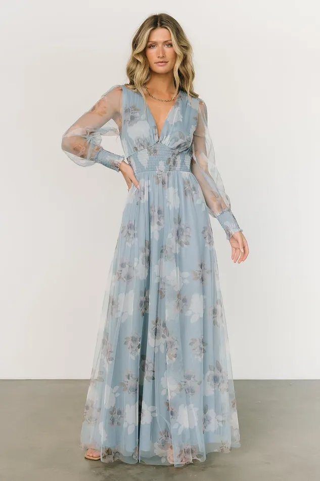 Layla Tulle Maxi Dress Light Blue Floral Women Baltic Born Bump Friendly