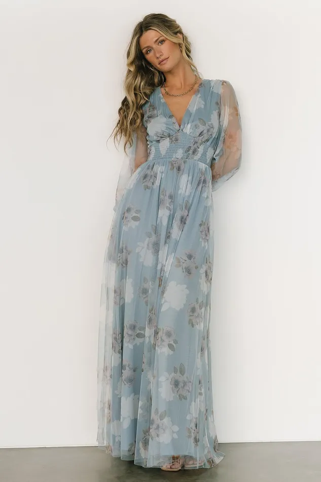 Layla Tulle Maxi Dress Light Blue Floral Women Baltic Born Bump Friendly