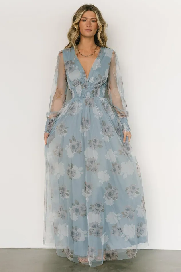 Layla Tulle Maxi Dress Light Blue Floral Women Baltic Born Bump Friendly