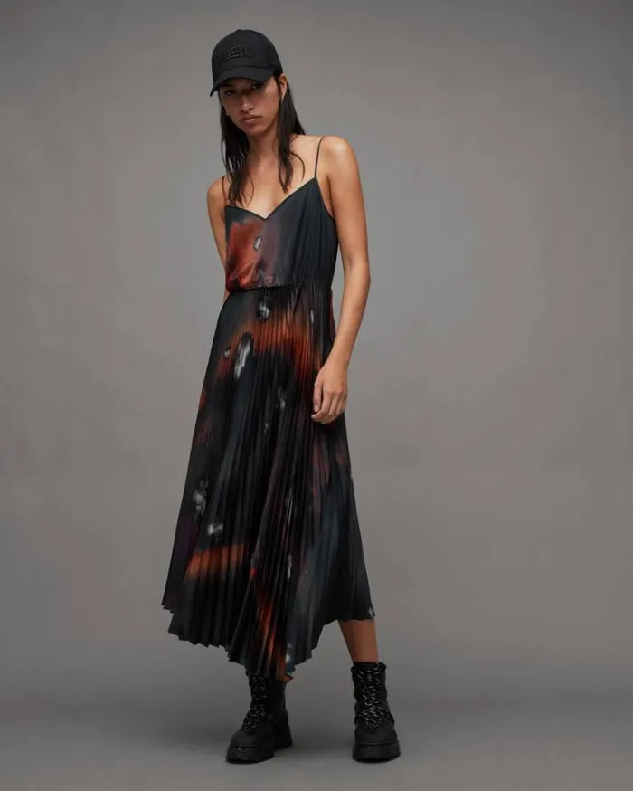 Leia Moonage 2In1 Pleated Midi Dress Blackfire Red Women AllSaints Dresses