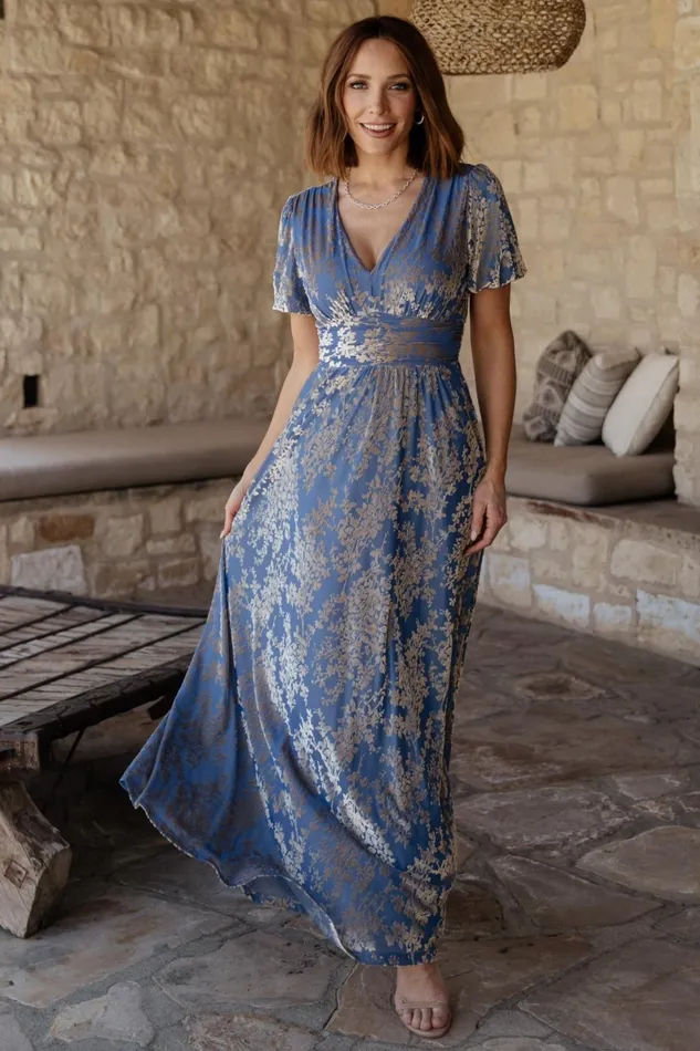 Leslie Velvet Maxi Dress Blue Silver Women Baltic Born Wedding Guest