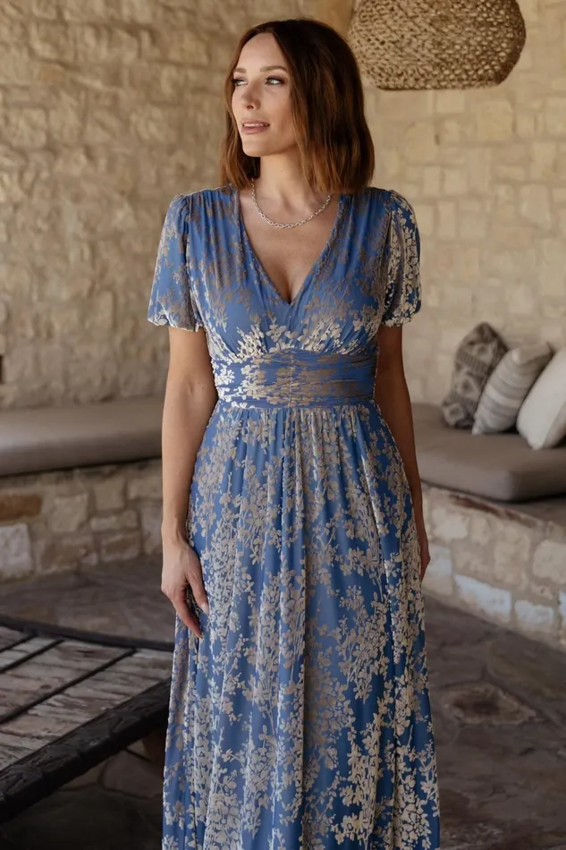 Leslie Velvet Maxi Dress Blue Silver Women Baltic Born Wedding Guest