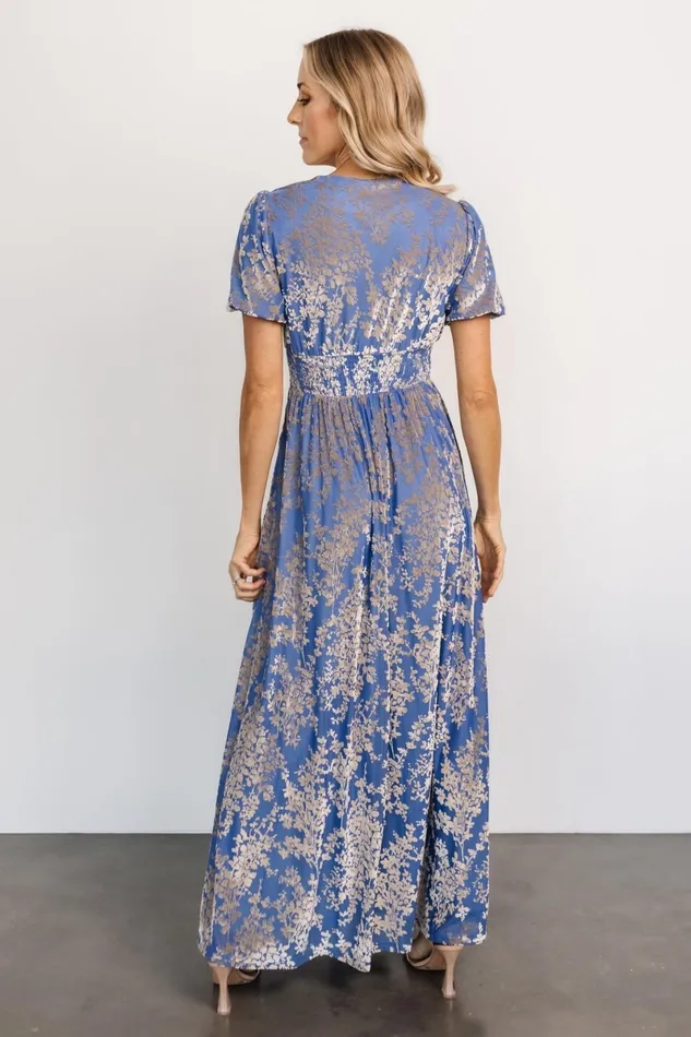 Leslie Velvet Maxi Dress Blue Silver Women Baltic Born Wedding Guest