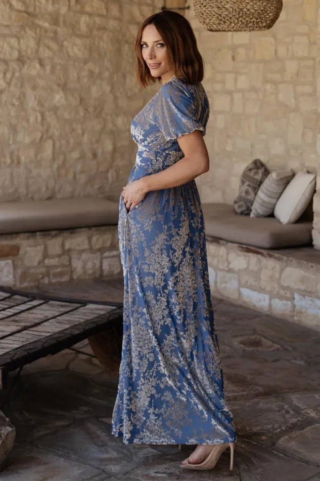 Leslie Velvet Maxi Dress Blue Silver Women Baltic Born Wedding Guest