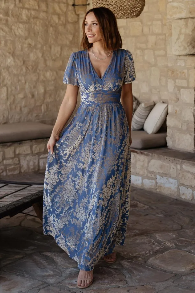 Leslie Velvet Maxi Dress Blue Silver Women Baltic Born Wedding Guest