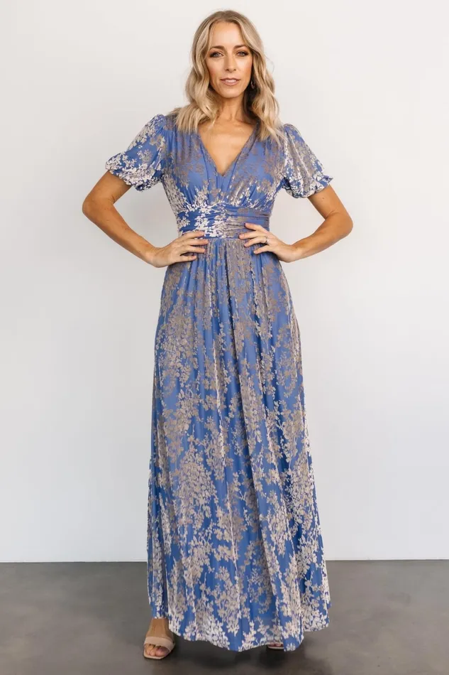 Leslie Velvet Maxi Dress Blue Silver Women Baltic Born Wedding Guest