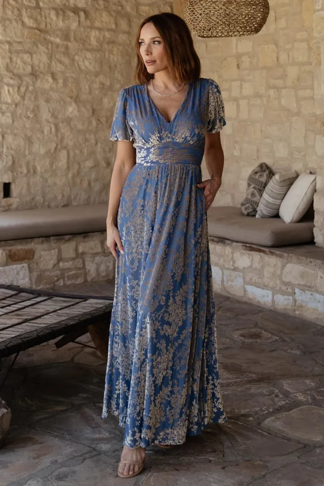 Leslie Velvet Maxi Dress Blue Silver Women Baltic Born Wedding Guest