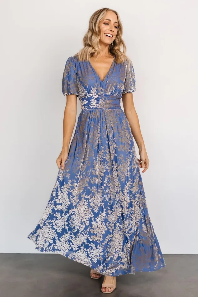 Leslie Velvet Maxi Dress Blue Silver Women Baltic Born Wedding Guest