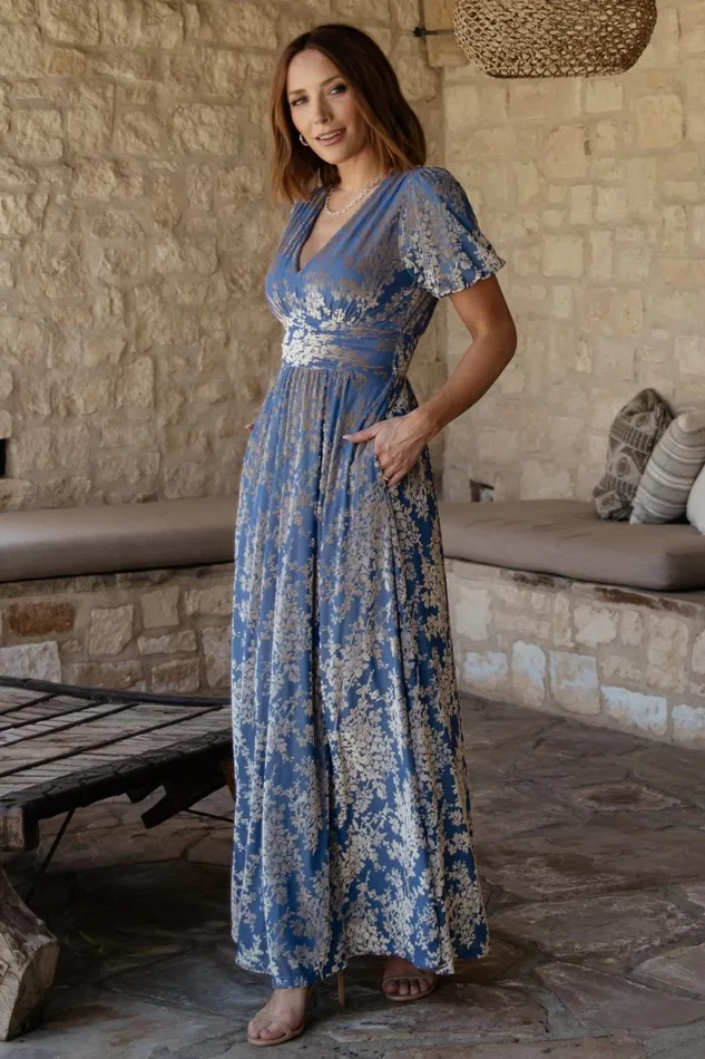 Leslie Velvet Maxi Dress Blue Silver Women Baltic Born Wedding Guest