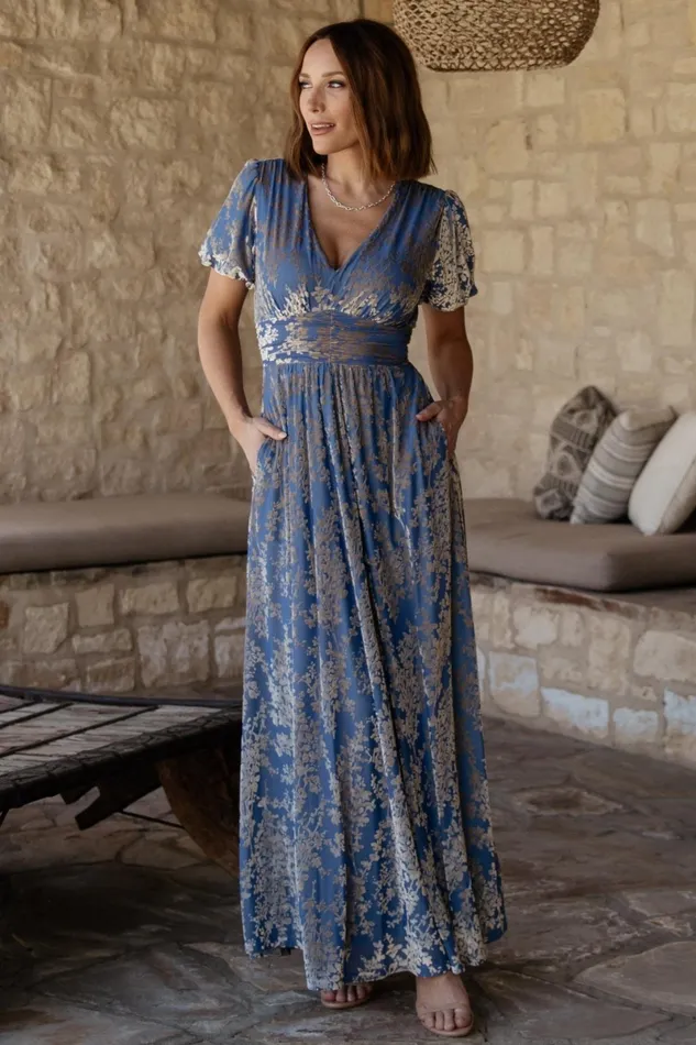 Leslie Velvet Maxi Dress Blue Silver Women Baltic Born Wedding Guest