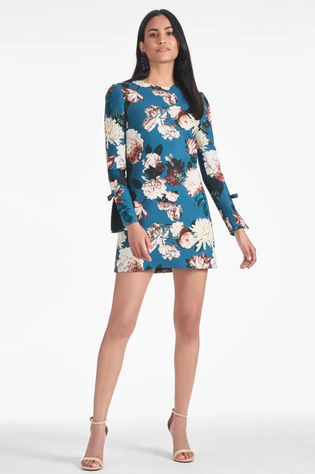 Lily Dress 8211 Teal Garden Crepe Mini Dress Women Sachin and Babi Long Sleeve