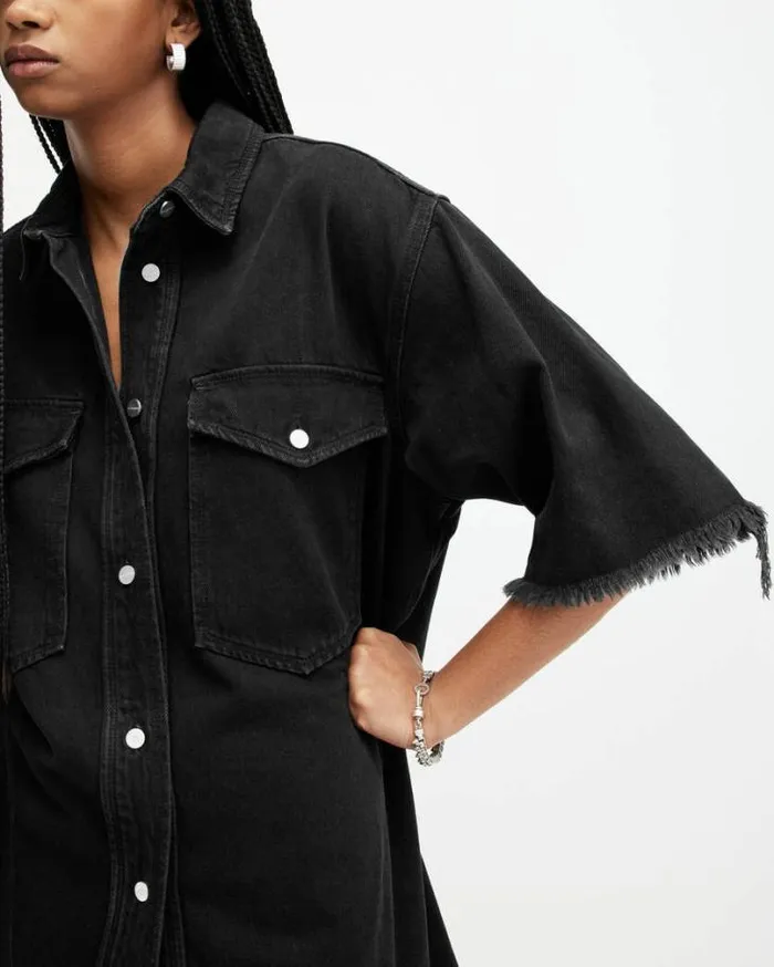 Lily Short Sleeve Denim Mini Dress Washed Black Women AllSaints Dresses