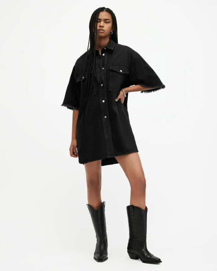 Lily Short Sleeve Denim Mini Dress Washed Black Women AllSaints Dresses