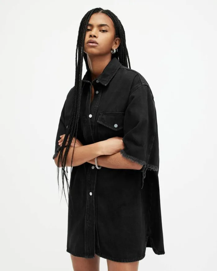 Lily Short Sleeve Denim Mini Dress Washed Black Women AllSaints Dresses