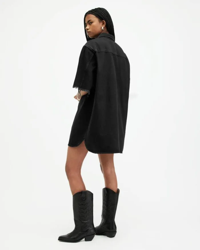 Lily Short Sleeve Denim Mini Dress Washed Black Women AllSaints Dresses