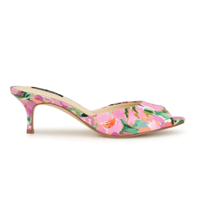 Luvlie Heeled Slide Sandals Pink Floral Women Nine West Low Heel