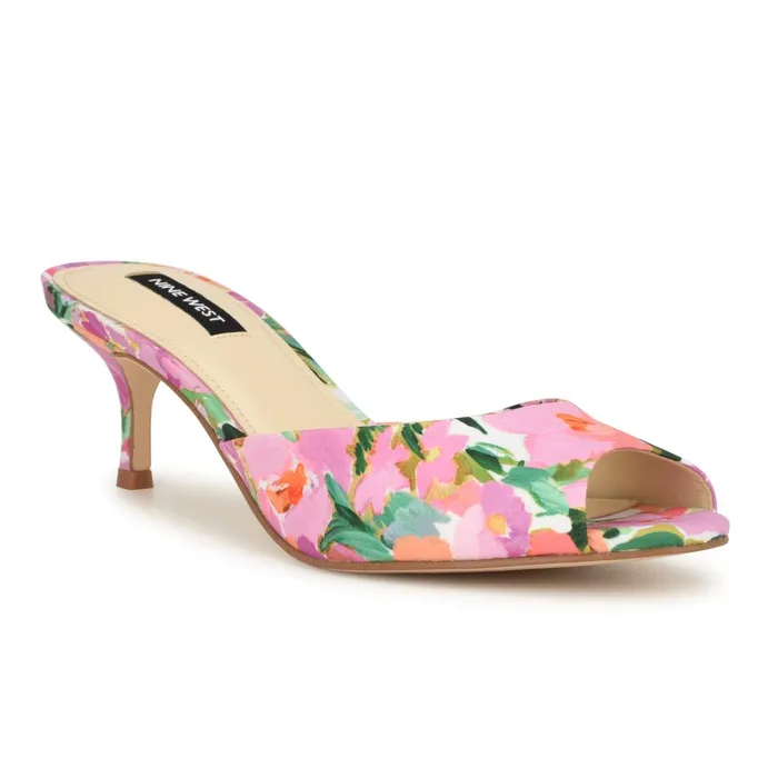 Luvlie Heeled Slide Sandals Pink Floral Women Nine West Low Heel