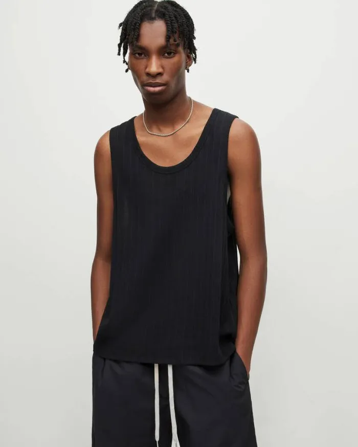 Madison Scoop Neck Textured Vest Top Jet Black Men AllSaints TShirts