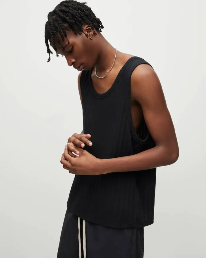 Madison Scoop Neck Textured Vest Top Jet Black Men AllSaints TShirts