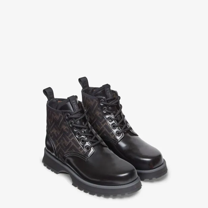 Man Black Leather Biker Boots Black Fendi Lace Ups and Boots