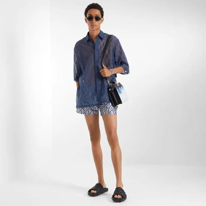 Man Blue Devor Fabric Shirt Blue Fendi Shirts
