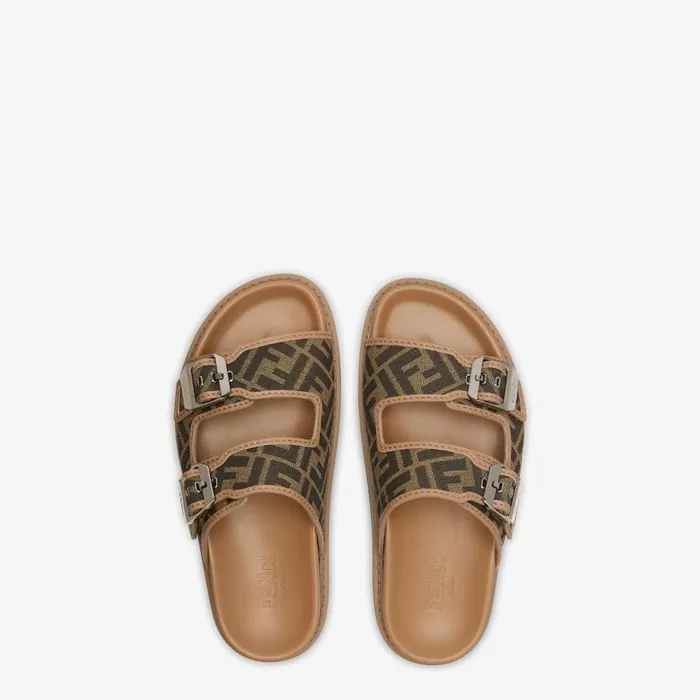 Man Brown Leather And Fabric Sandals Brown Fendi Slides and Sandals