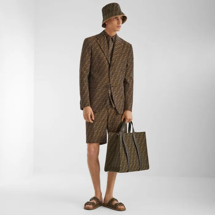 Man Brown Leather And Fabric Sandals Brown Fendi Slides and Sandals