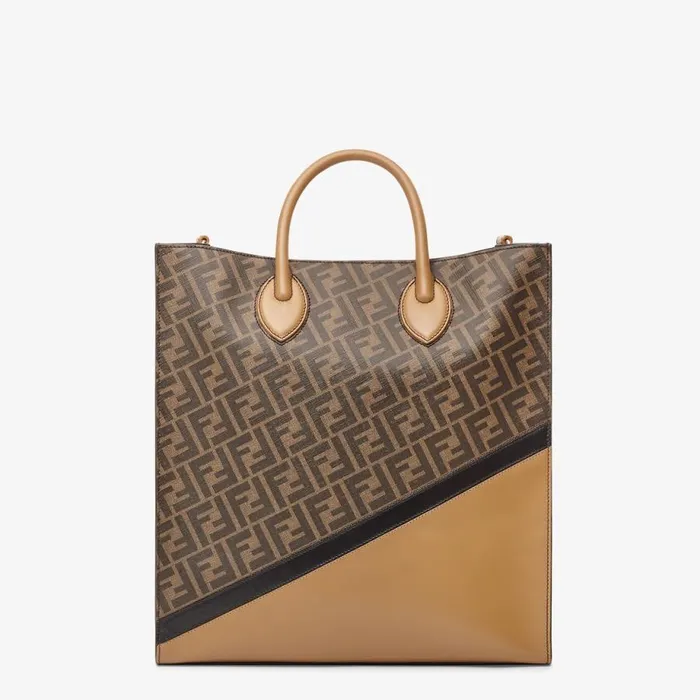 Man Brown Leather And Ff Fabric Bag Brown Fendi Tote Bags