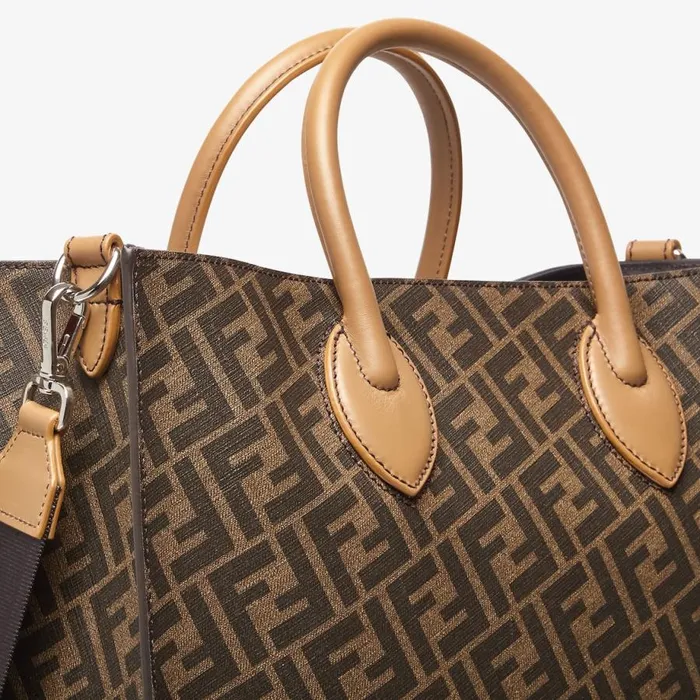 Man Brown Leather And Ff Fabric Bag Brown Fendi Tote Bags